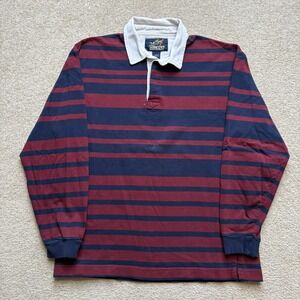 Vtg Lands End Rugby Shirt Mens Medium Navy Burgundy Stripe Long Sleeve 90s